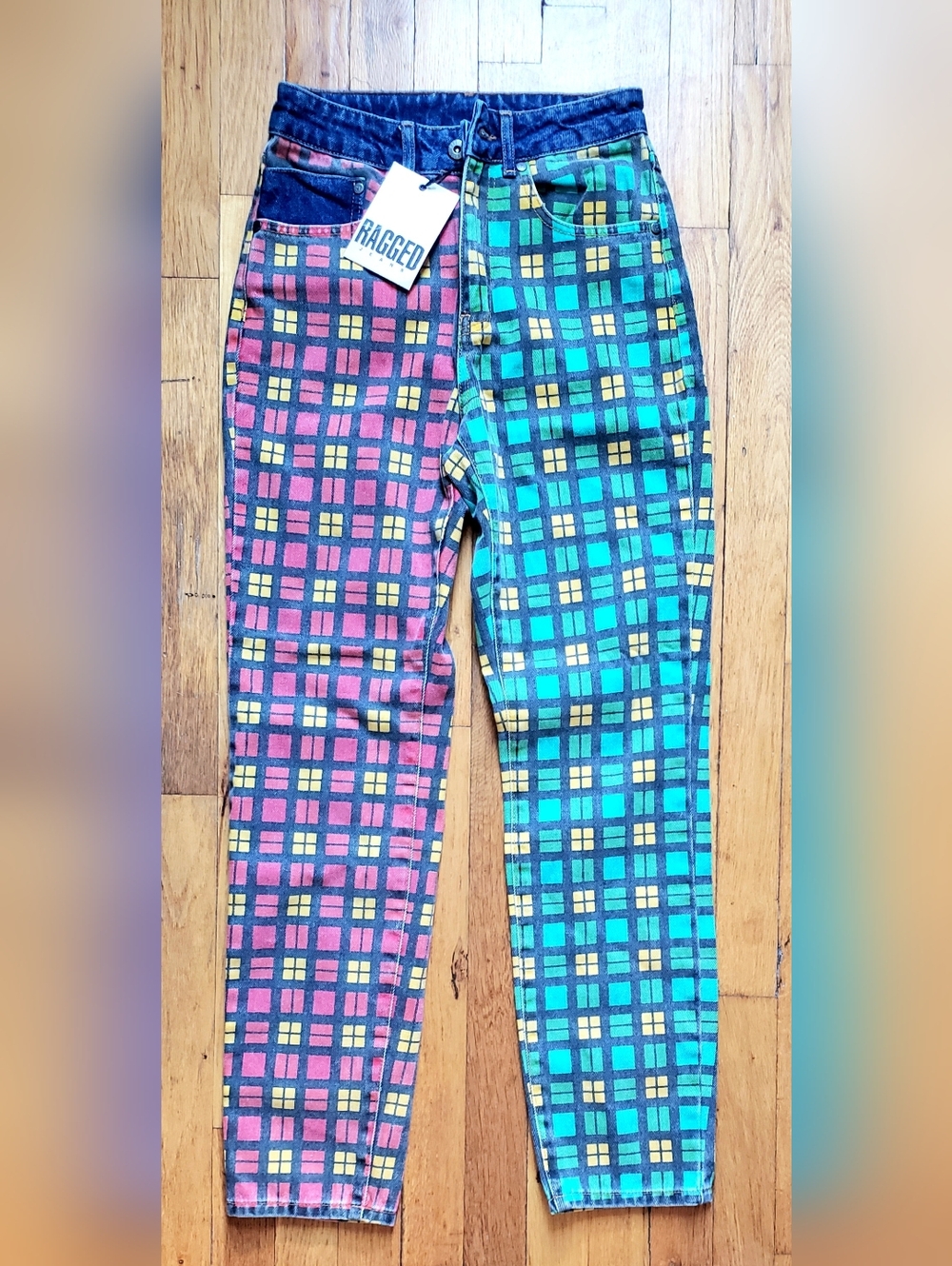 Free People Ragged Priest Multicolor Blue Red Green Yellow Check Plaid Jeans NWT
